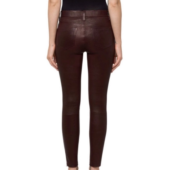 J BRAND • Burgundy Stretch Lamb Leather Skinny Ankle Zip Pants - Picture 12 of 16